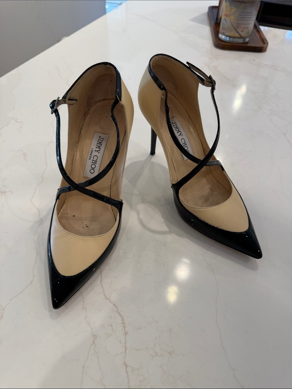Jimmy Choo Two-Tone Black and Cream Strappy Pointed-Toe Pumps